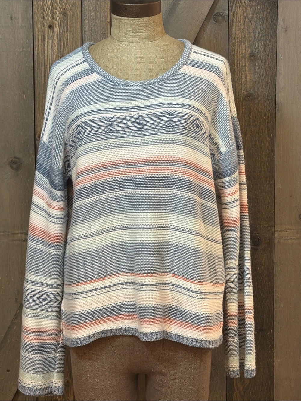 Faherty Cotton Linen Striped Coastal Boho Southwestern Pullover Knit Sweater